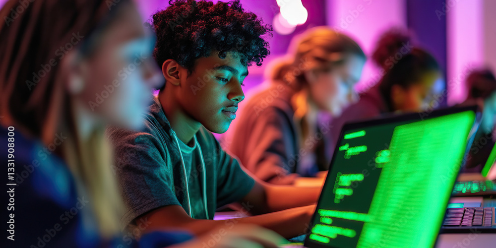 Young Man Coding on Laptop with Others in Background Young Man Coding on Laptop with Others in Background