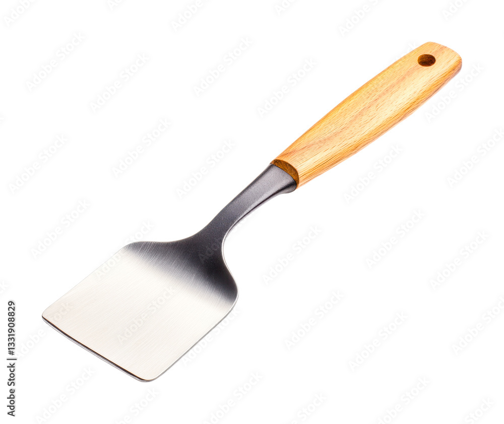 Fototapeta premium Stainless steel and wooden kitchen spatula on black background, cut out