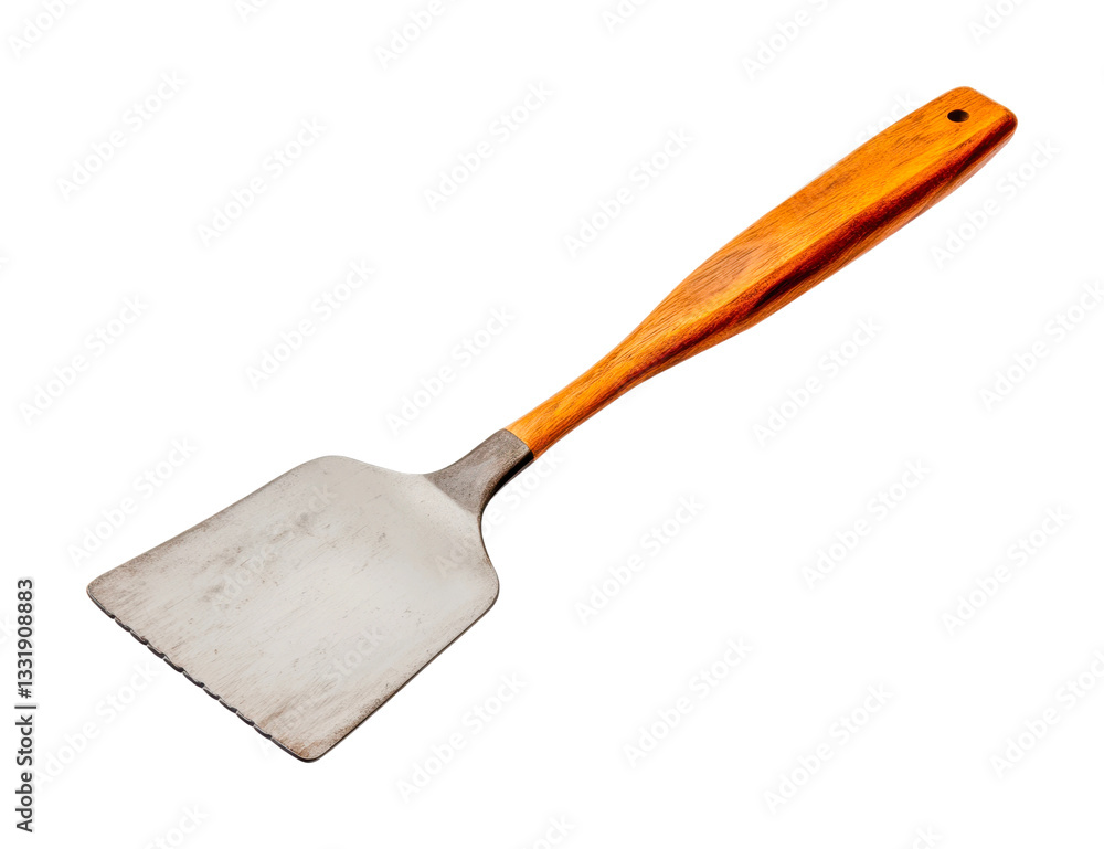 Stainless steel and wood kitchen spatula with black background, cut out Stainless steel and wood kitchen spatula with black background, cut out