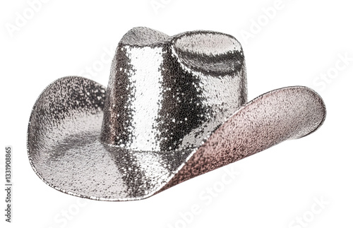 Sparkling silver sequin cowboy hat with wide brim on black background, cut out