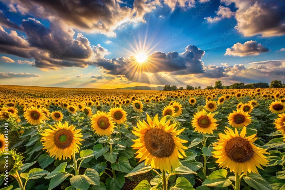 Obraz premium Sunflower field at sunrise with bright yellow blooms under a clear blue sky