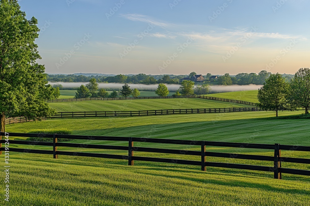 Obraz premium Sunrise over a horse pasture with misty landscapes in the distance Generative AI