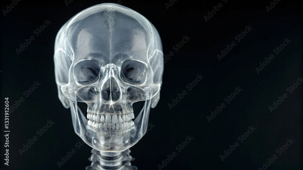 Transparent Human Skull on Black Background with Realistic Bone Structure Details Transparent Human Skull on Black Background with Realistic Bone Structure Details