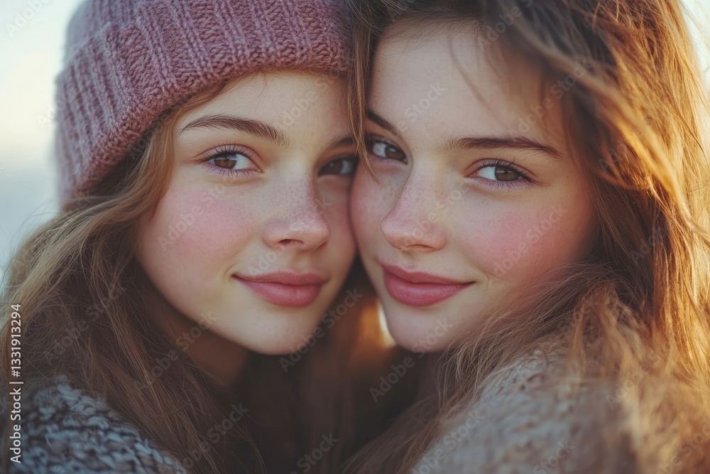 Obraz premium two beautiful young women posing for a portrait, with their faces close together.