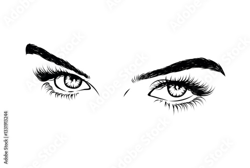 Fallen angel eye look. Natural lashes and eyebrow. Expressive eye vision.