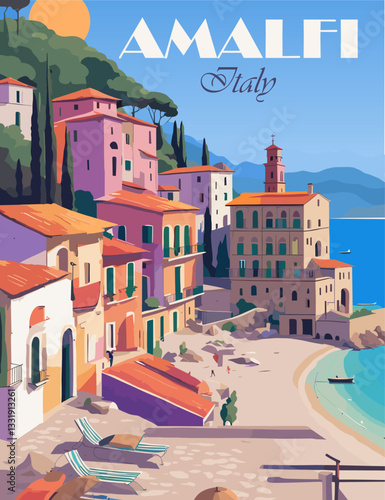 Travel Destination Poster in retro style. Amalfi Coast Italy print. European summer vacation, international tourism, holidays concept. Vintage vector colorful illustration.