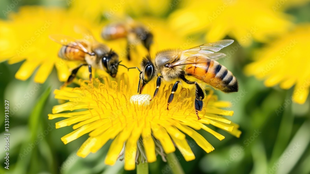 Buzzing bees gather nectar on vibrant yellow dandelions, showcas Buzzing bees gather nectar on vibrant yellow dandelions, showcas