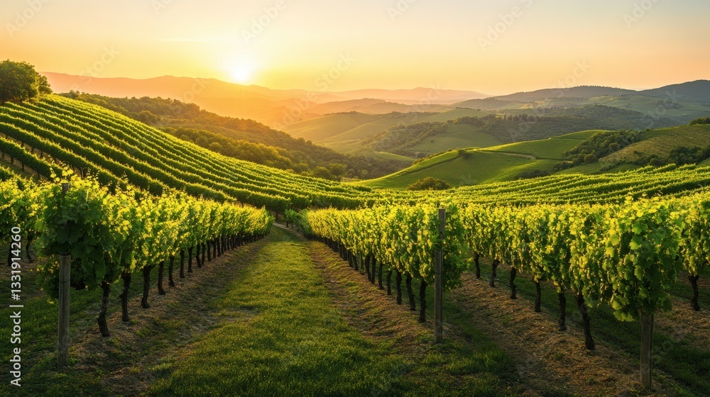 Fototapeta premium Lush green grape vines growing in a picturesque vineyard at sunset