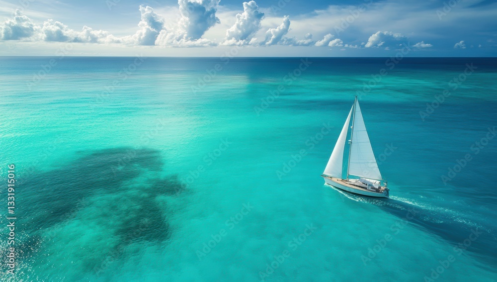 Obraz premium Sailboat sailing across clear turquoise waters under a bright sky with fluffy clouds