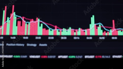 Cryptocurrency chart. Coin screen diagram, stock trading. Financial affairs, online trading. Digitalization of funds and deposit. Many numbers on the screen, chart of growth and fall of coins