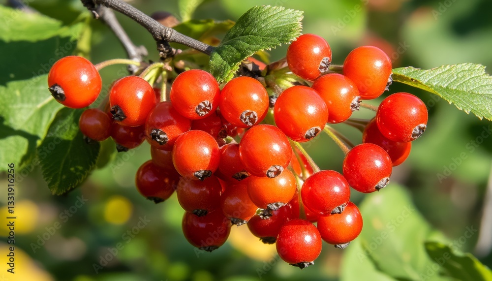 Closeup of Ripe Red Berries on a Branch, Vibrant Autumn Colors and Bokeh Background, Selective Focus Closeup of Ripe Red Berries on a Branch, Vibrant Autumn Colors and Bokeh Background, Selective Focus