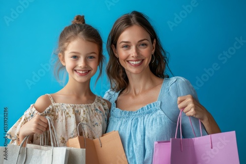 mother and daughter carrying shopping bags and smiling at the camera.