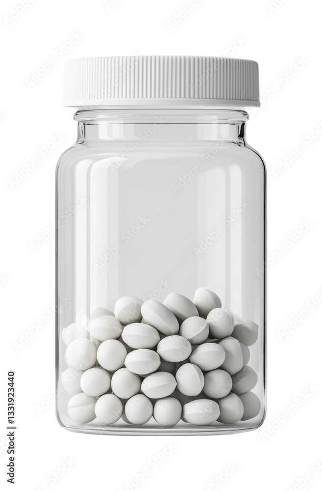 Transparent plastic pill bottle with white tablets, cut out Transparent plastic pill bottle with white tablets, cut out