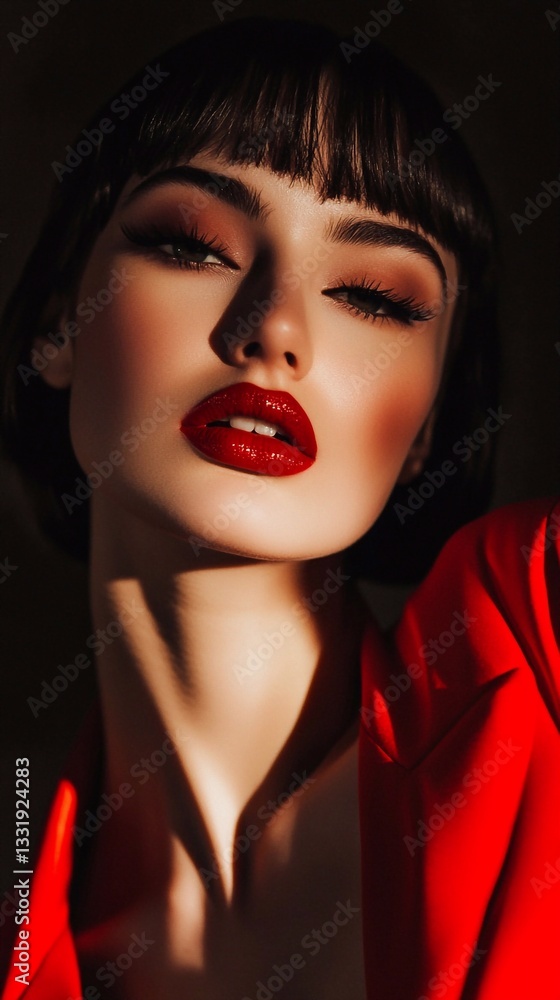 Elegant portrait of a woman with bold makeup wearing a stylish red outfit in dramatic lighting Elegant portrait of a woman with bold makeup wearing a stylish red outfit in dramatic lighting