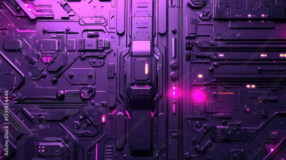 Fototapeta premium Abstract Futuristic Technology Background with Purple and Pink Neon Lights Detailed Circuit Board Panel Design