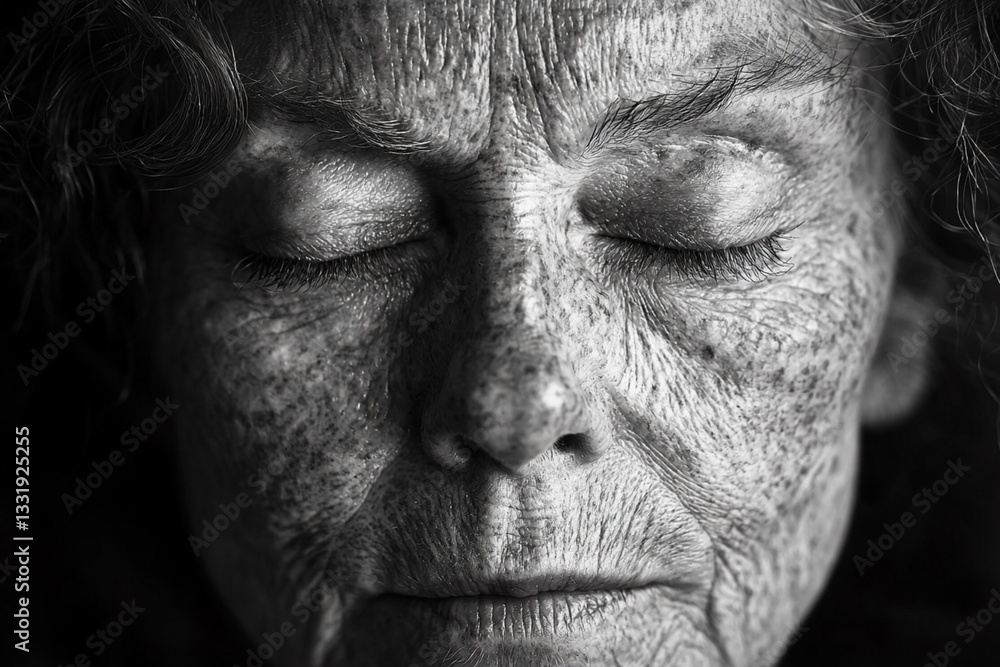 Obraz premium The deep-set lines of wisdom and experience are etched across a person's closed eyes, telling a silent story of a life lived fully