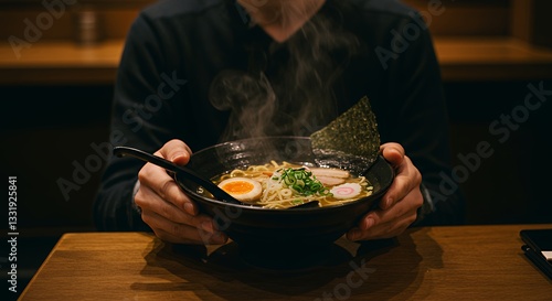 Serving Steaming Ramen Noodle Soup in Bowl Held by Person