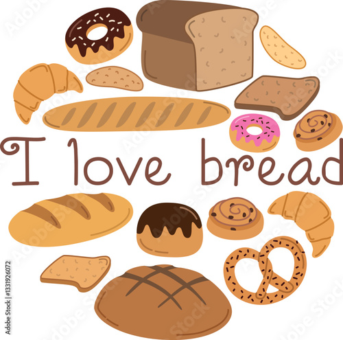 I love bread round design for banner or card with  different types of bread and bakery. Set with simple elements of food