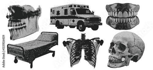Set of healthcare and well being halftone grunge vector design elements