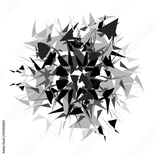 Abstract explosion of geometric shapes in black, white and grey