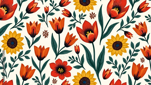 Wallpaper Mural Eclectic Tulips and Sunflowers: Vibrant Flat Bohemian Garden Flowers Seamless Tile Pattern for Creative Spaces - Perfect for Unique Interior Design and Artistic Projects Torontodigital.ca