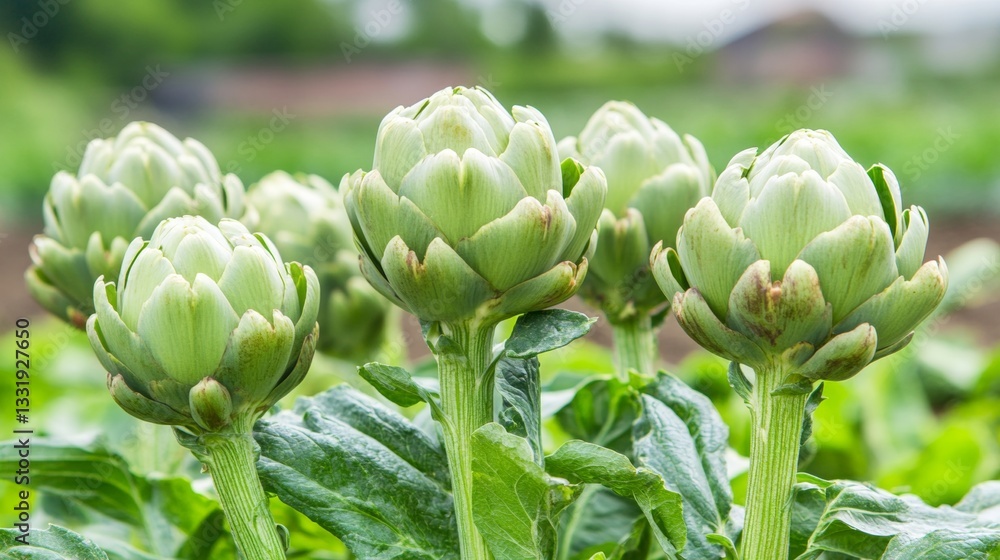 Fresh, Green Artichokes Growing in a Field, Vibrant Green Leaves and Springtime Blooms Fresh, Green Artichokes Growing in a Field, Vibrant Green Leaves and Springtime Blooms