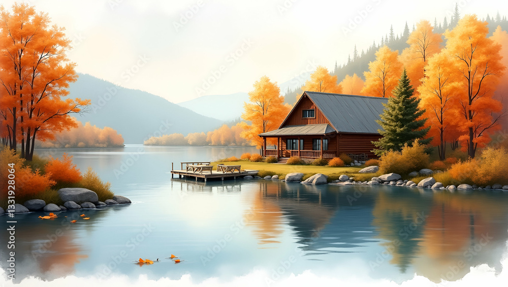 Fototapeta premium Cozy Lakeside Cabin in Vibrant Fall Foliage: Autumn Watercolor Art