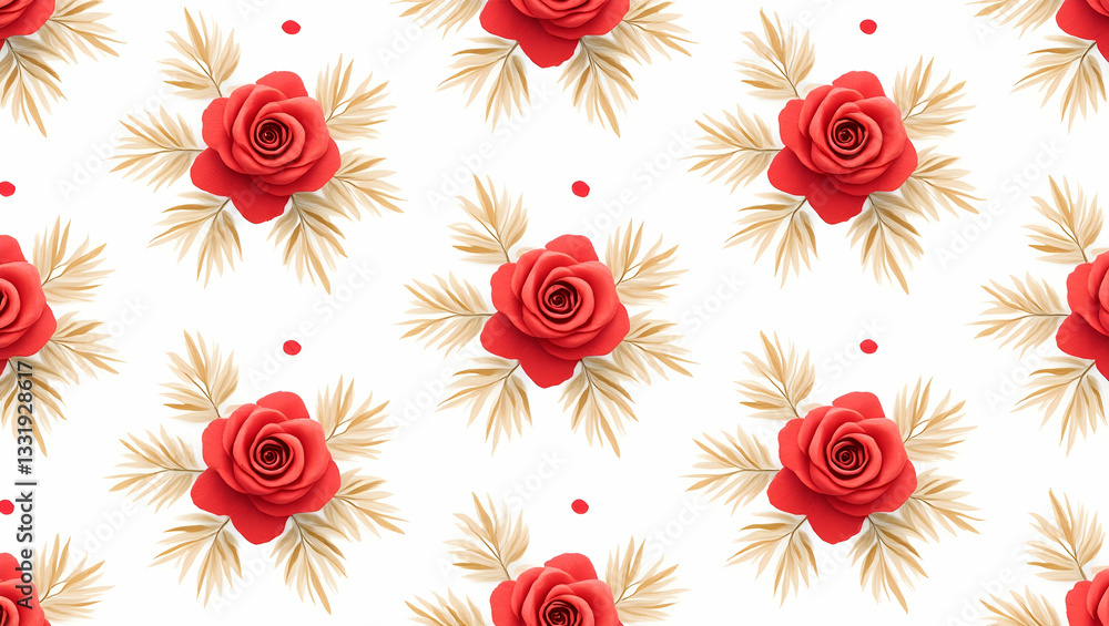 Fototapeta premium Tropical rose seamless tile pattern with vibrant red roses and tropical leaves on a white background ideal for sunny lounges concept as Vibrant red roses and tropical leaves on white background create