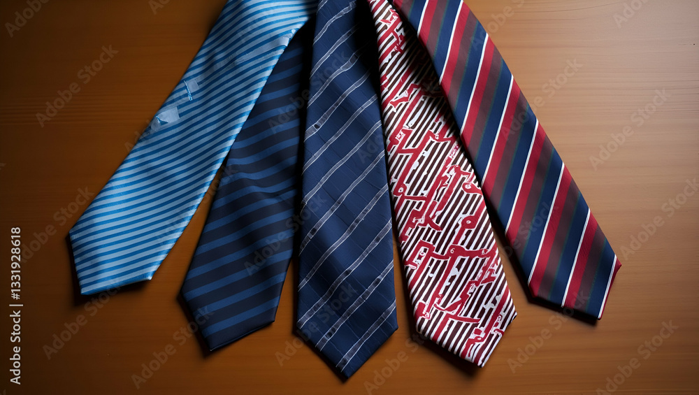 Elegant Flat Silk Neck Ties on Wooden Background: Showcase Your Professional Style with Stylish Accessories for Formal and Business Attire in a Cute Vector Illustration Elegant Flat Silk Neck Ties on Wooden Background: Showcase Your Professional Style with Stylish Accessories for Formal and Business Attire in a Cute Vector Illustration