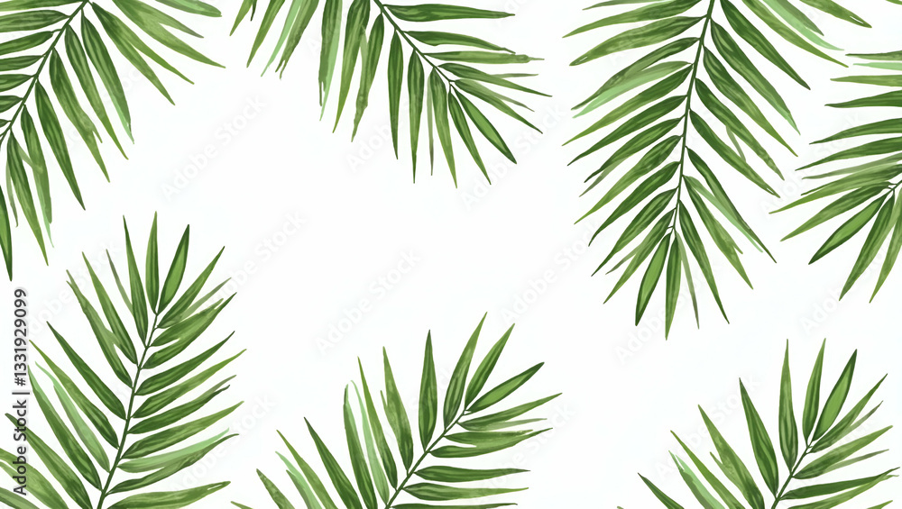 Various Palm Species in Natural Greens on White Background: Botanical Garden Seamless Tile Pattern for Serene Spaces - Perfect for Photo Stock Concepts with Left Side Empty Space Various Palm Species in Natural Greens on White Background: Botanical Garden Seamless Tile Pattern for Serene Spaces - Perfect for Photo Stock Concepts with Left Side Empty Space