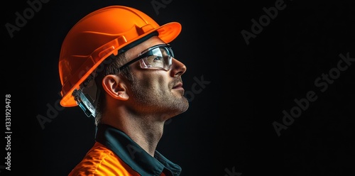 Construction worker profile, safety gear, dark background, industry (1)