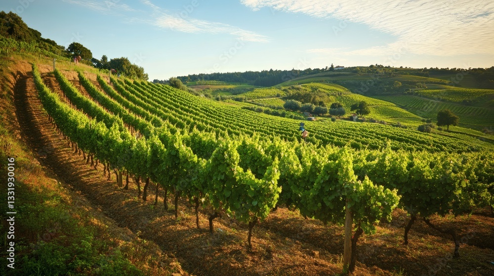 Lush green vineyard rows extend across the sloping countryside landscape Lush green vineyard rows extend across the sloping countryside landscape