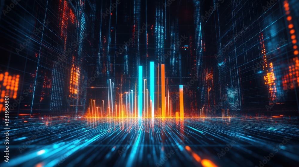 Futuristic financial data visualization with glowing bar graphs in cyberspace Futuristic financial data visualization with glowing bar graphs in cyberspace