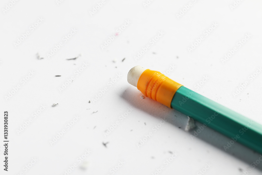 Obraz premium Pencil with eraser and scraps on white sheet of paper, closeup