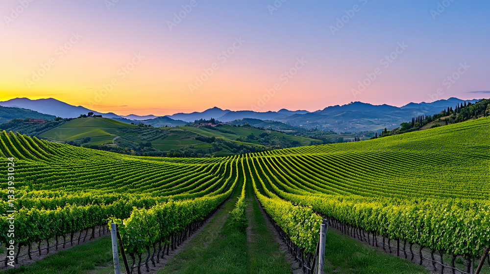custom made wallpaper toronto digitalVineyards at sunrise.  Vast rows of grapevines stretch across rolling hills, under a vibrant sunrise
