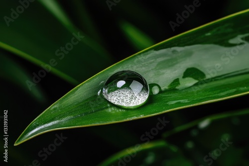 Droplet rests on vibrant green leaf, showcasing nature's intrica
