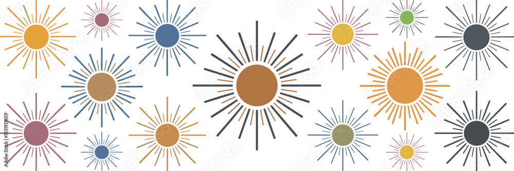 Fototapeta premium Vector illustration of multiple sun icons in varying sizes and colors on a white background