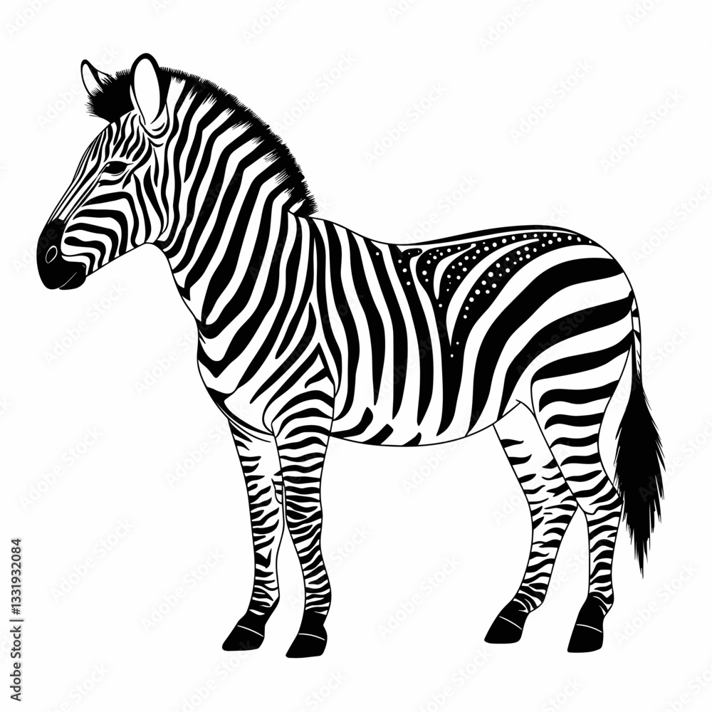 Obraz premium Vector illustration of a zebra with black and white stripes and small white dots, looking to the left with erect ears on a white background.