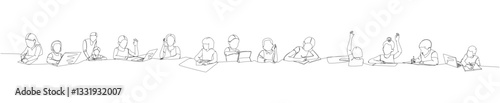 set of students answering in class, response to teacher one line art. Continuous line drawing of online learning, knowledge, school, preparation, answer, lesson