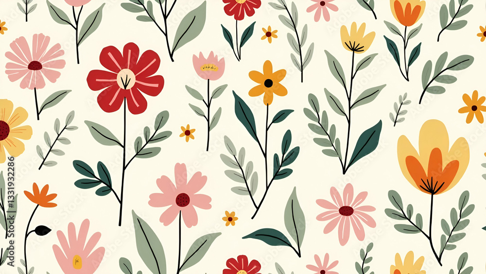 Mid Century Modern Seamless Tile Pattern with Retro Roses & Daisies Mid Century Modern Seamless Tile Pattern with Retro Roses & Daisies