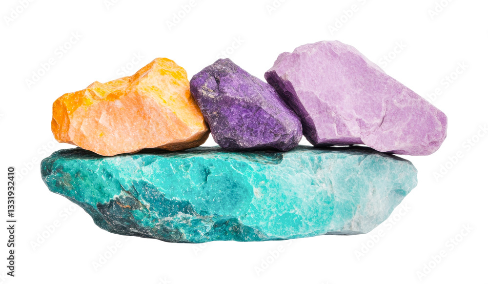 Fototapeta premium Vibrant collection of colorful raw minerals on black background, cut out
