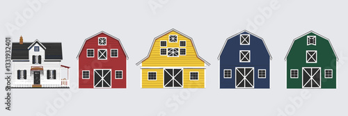 Row of diverse barn icons in black and white – Suitable for farming-related infographics, rustic-themed branding, or agriculture studies.