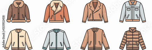 Collection of vector jacket icons featuring fur, leather, denim, bomber, and puffer styles
