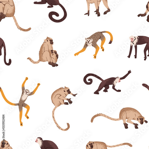 Repeatable pattern of different funny jungle monkeys. Endless background of cute primates, lemurs, macaques, capuchins. Happy exotic animal characters of rainforest. Flat seamless vector illustration.