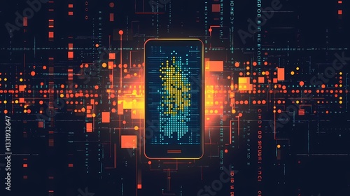 Flat illustration for Morse Code Day, showcasing a modern smartphone displaying a Morse code app, with glowing dots and dashes transforming into abstract patterns