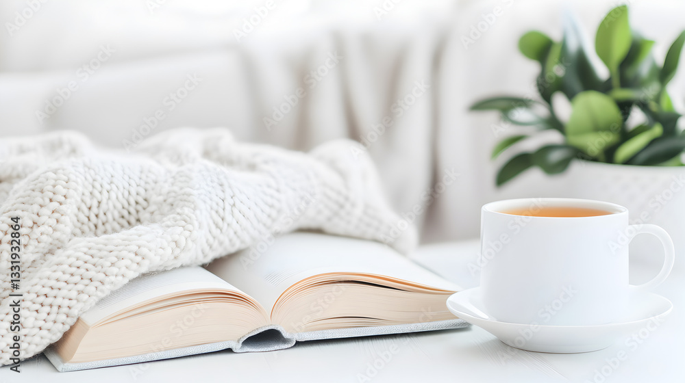 An open book, a cup of tea, and a soft blanket create a cozy reading atmosphere. Perfect for content about books, relaxation, and home comfort. Selective focus An open book, a cup of tea, and a soft blanket create a cozy reading atmosphere. Perfect for content about books, relaxation, and home comfort. Selective focus