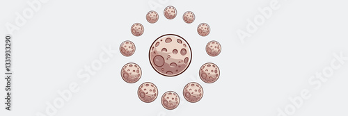 Vector illustration of multiple moon icons in various sizes, featuring craters and circular arrangement