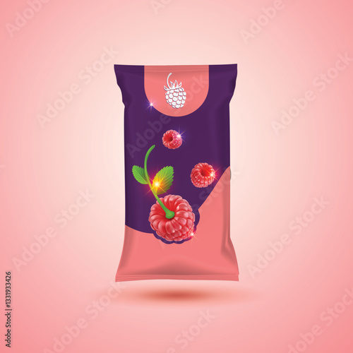 Raspberry product packaging with realistic fruits and leaves