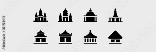 Monochrome vector illustration of various temple structures – Suitable for cultural research, historical infographics, or tourism branding.