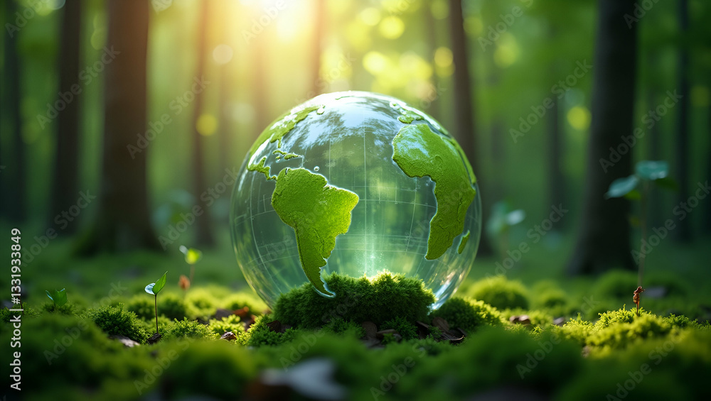Glass Globe in Green Forest: ESG Icons for Sustainable Business Glass Globe in Green Forest: ESG Icons for Sustainable Business
